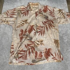 Tori Richard Shirt Mens Large Beige Brown Tropical Leaf Hawaiian Cotton Button